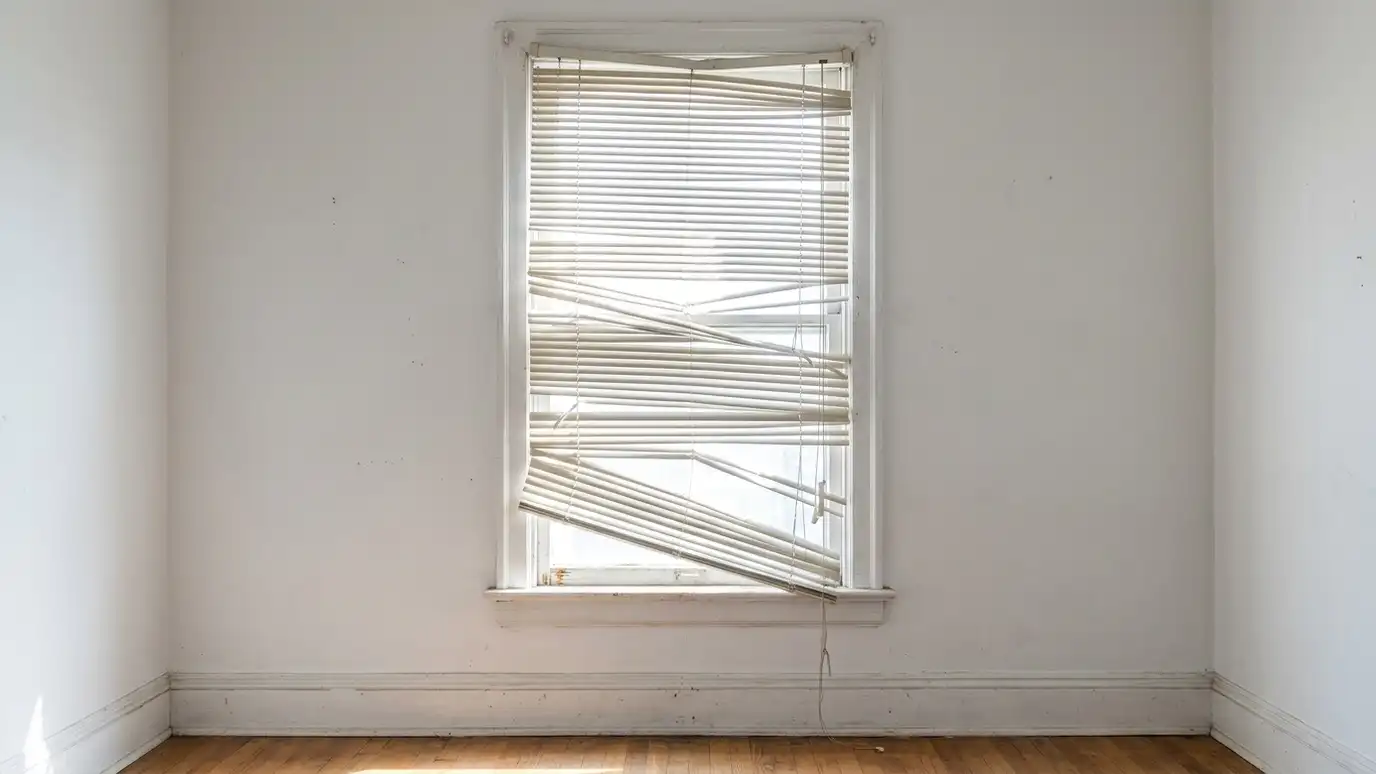 Before: a window with bent aluminum mini blinds and a crooked, stuck headrail