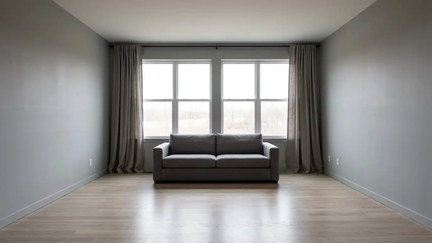 After: Bare walls and glass, then custom drapery | Music City Window Treatments After: a living room with floor-length lined drapes hung high and wide on a dark rod