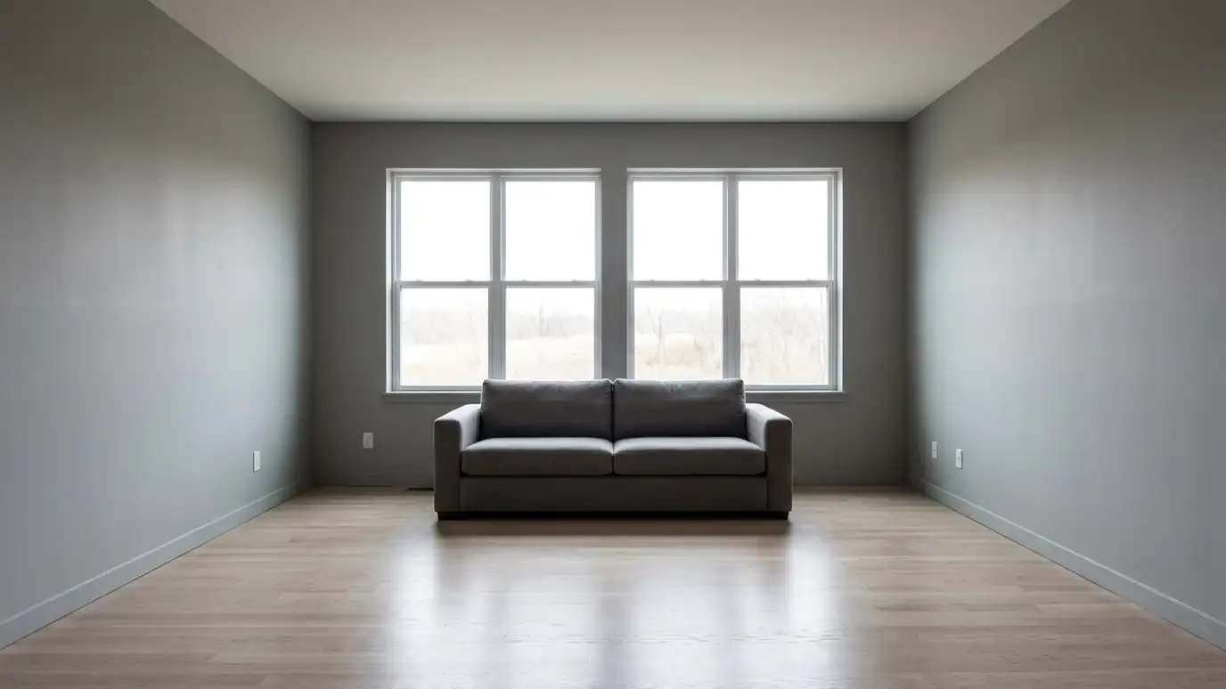 Before: a living room with bare windows with no covering and echoing walls