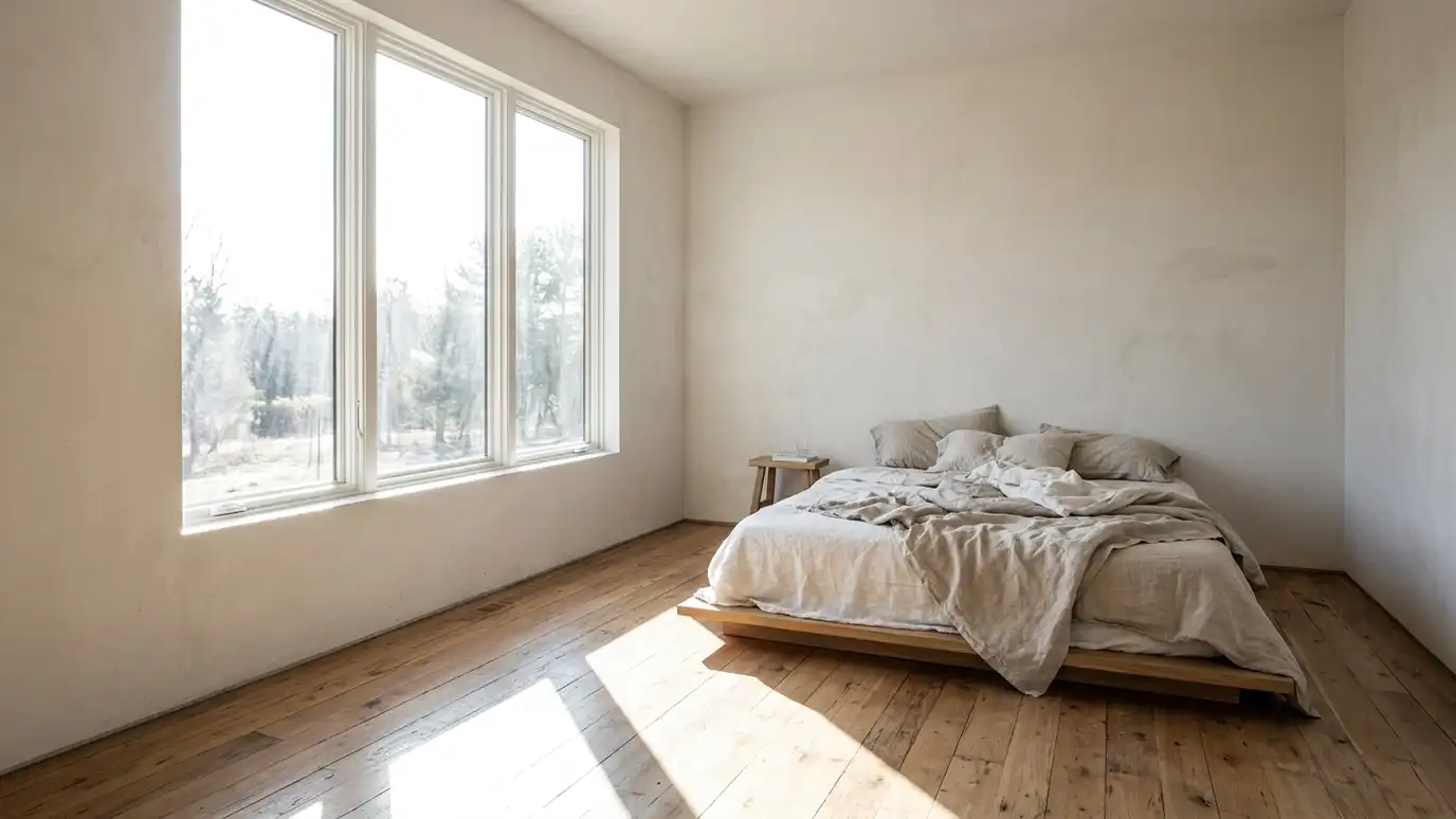 Before: a bedroom window with a bare window with harsh glare and no privacy