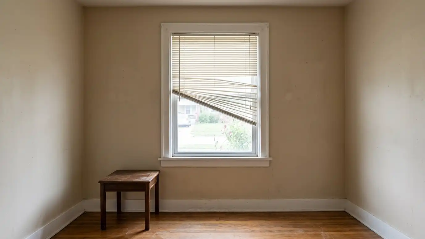 Before: a living room window with a plain window with a dated, broken blind