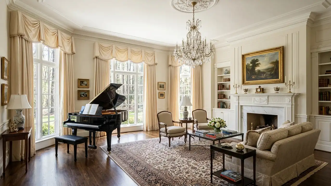 A bright Belle Meade, Tennessee living room with tall windows dressed in blinds, shades or drapes