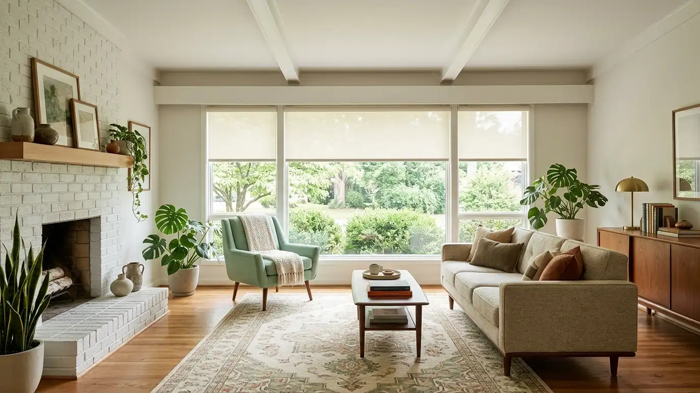 A bright Bellevue, Tennessee living room with tall windows dressed in blinds, shades or drapes