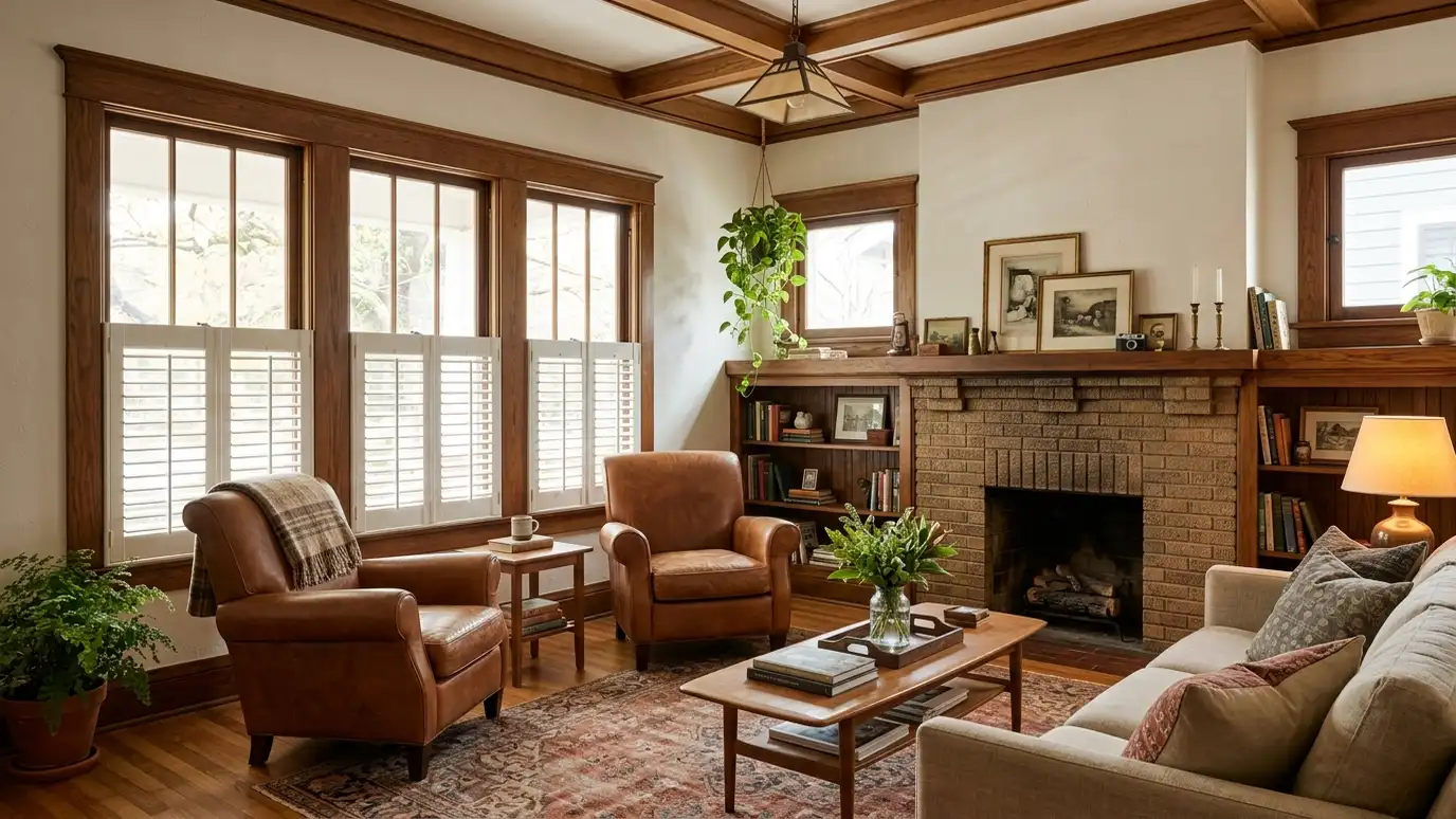 Window treatments in Berry Hill, TN A bright Berry Hill, Tennessee living room with tall windows dressed in blinds, shades or drapes