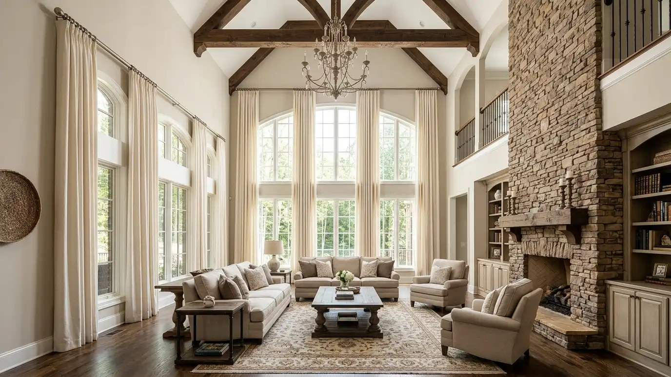 A bright Brentwood, Tennessee living room with tall windows dressed in blinds, shades or drapes