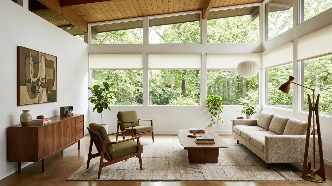 Window treatments in Green Hills, TN A bright Green Hills, Tennessee living room with tall windows dressed in blinds, shades or drapes