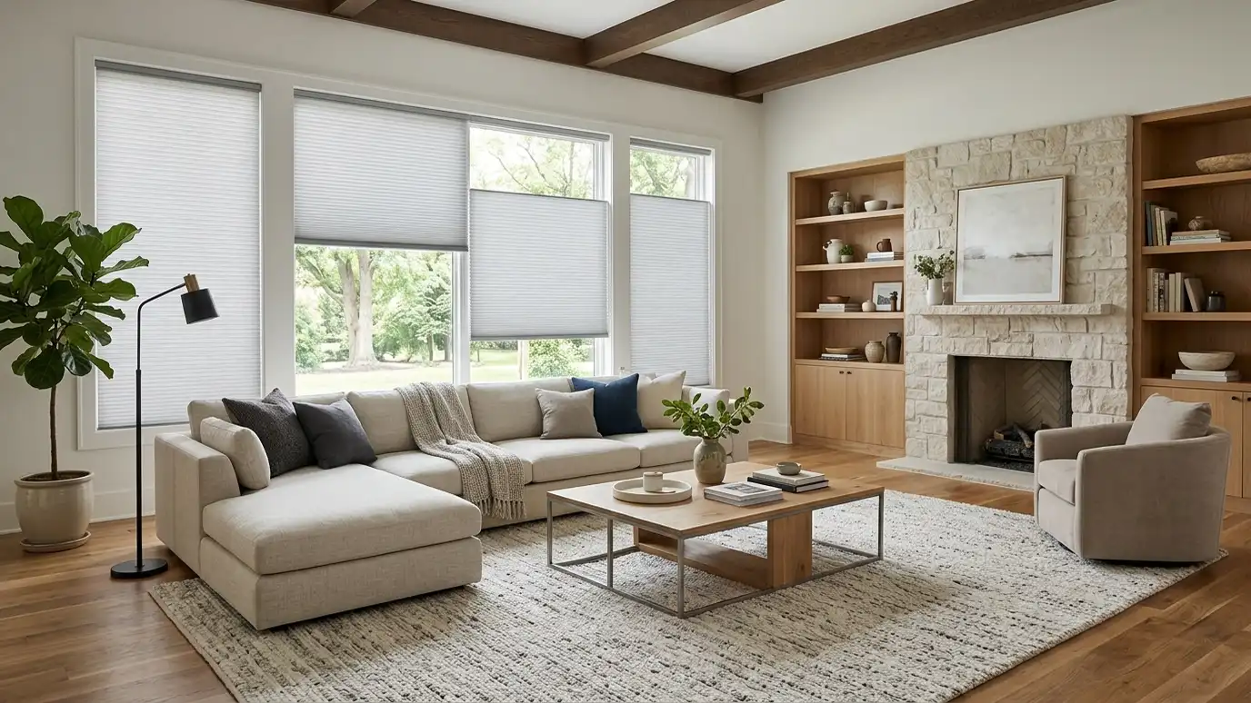 A bright Murfreesboro, Tennessee living room with tall windows dressed in blinds, shades or drapes
