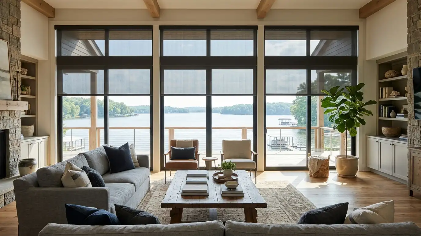 Window treatments in Old Hickory, TN A bright Old Hickory, Tennessee living room with tall windows dressed in blinds, shades or drapes