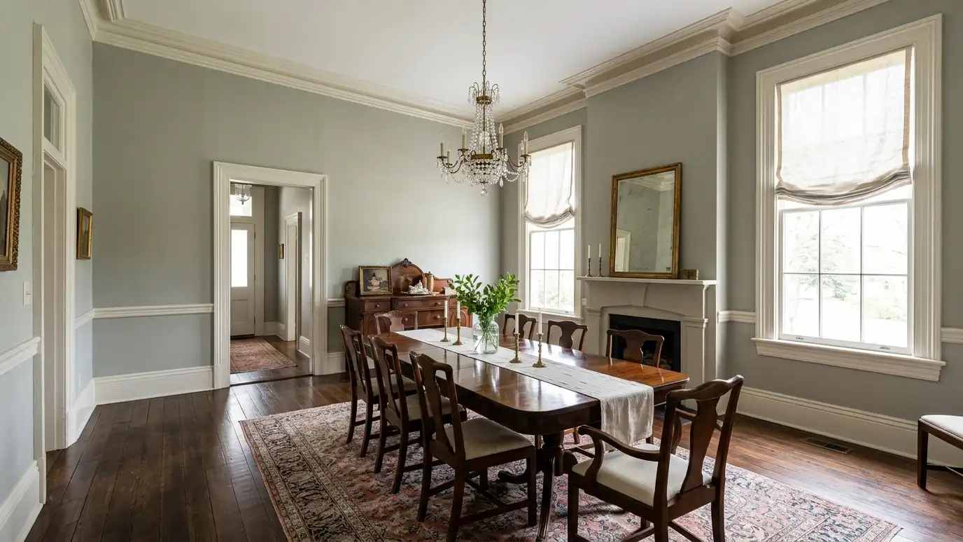 A bright Pegram, Tennessee living room with tall windows dressed in blinds, shades or drapes