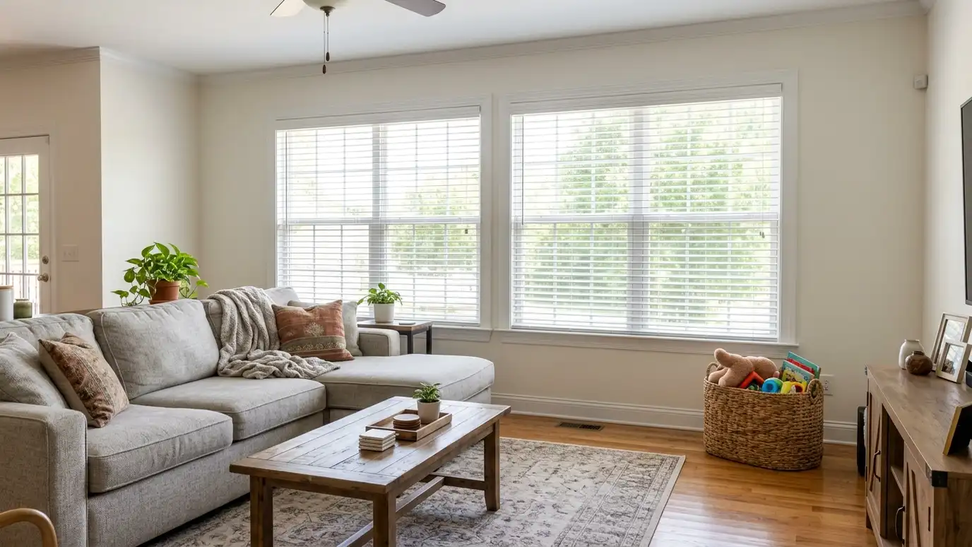 A bright Smyrna, Tennessee living room with tall windows dressed in blinds, shades or drapes
