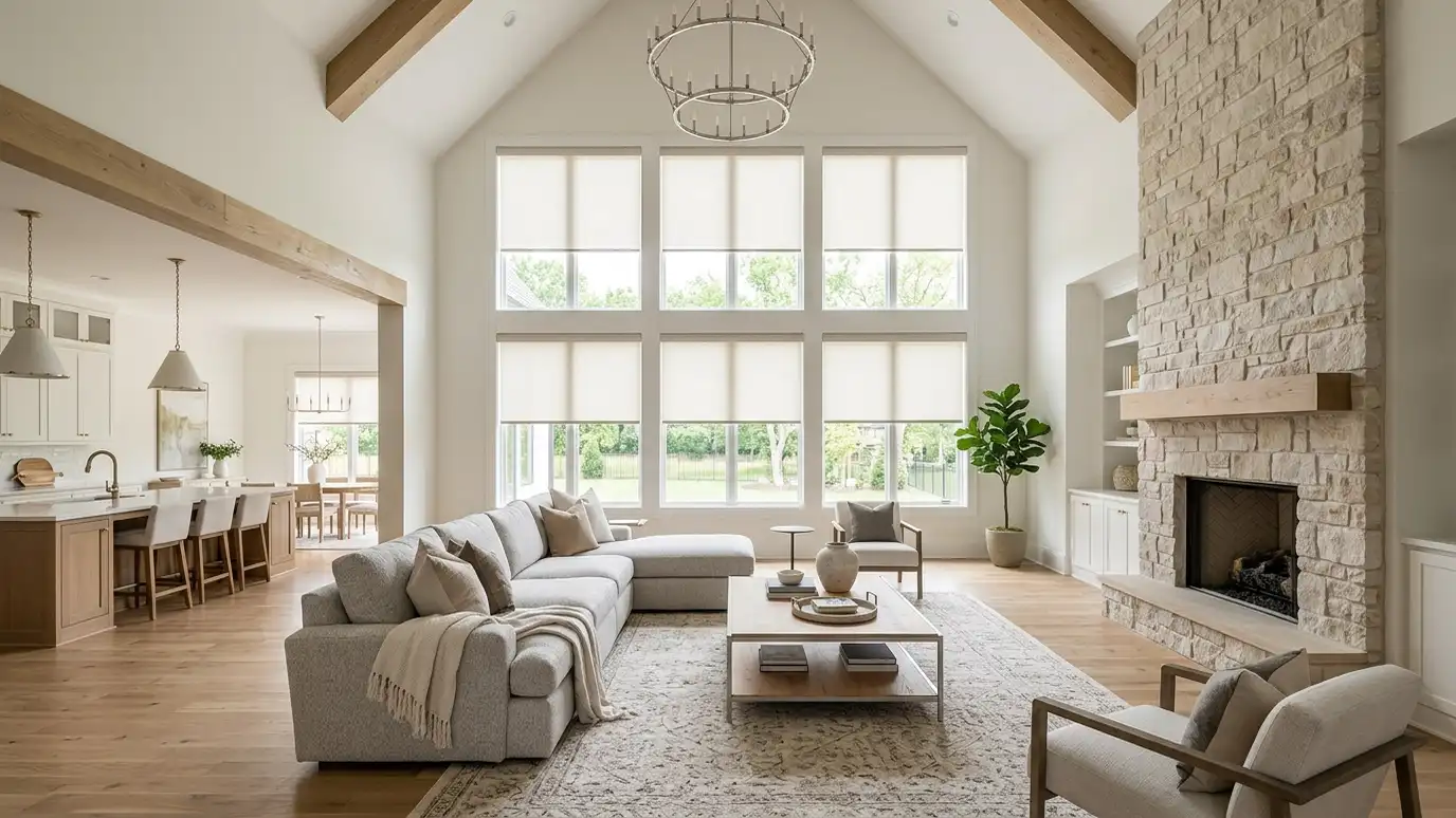 A bright Thompsons Station, Tennessee living room with tall windows dressed in blinds, shades or drapes