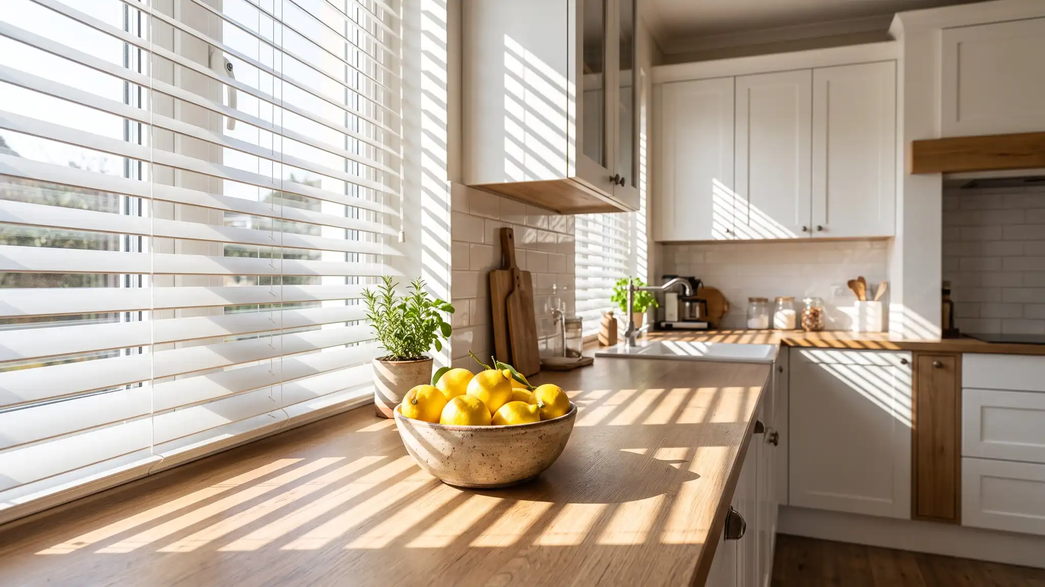 A sunny kitchen with a window covered by white faux wood blinds tilted partly open, bars of light across a wooden counter and a bowl of lemons