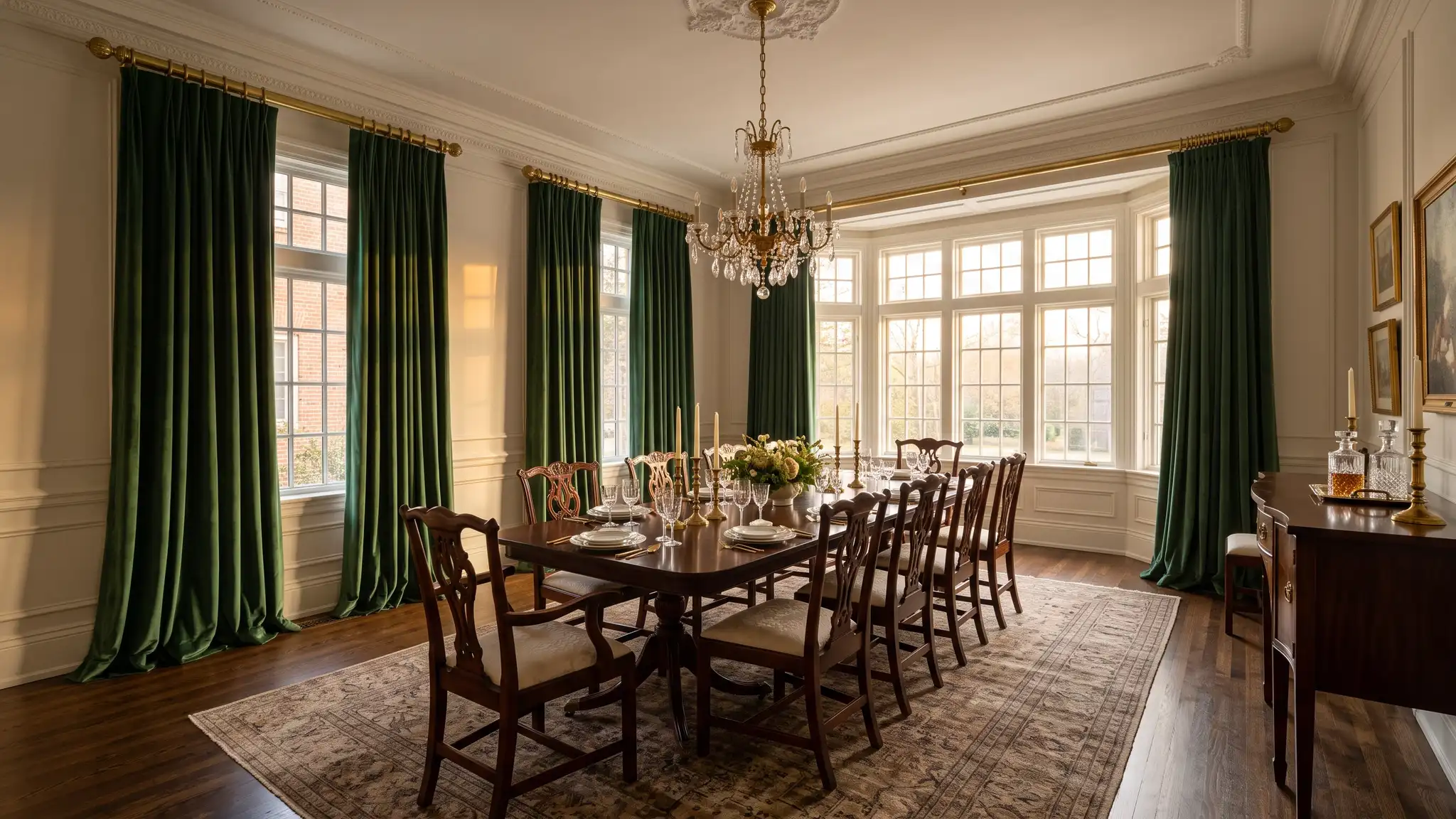 A formal dining room with floor-length lined drapes in deep green velvet on a brass rod, a long table and warm evening light