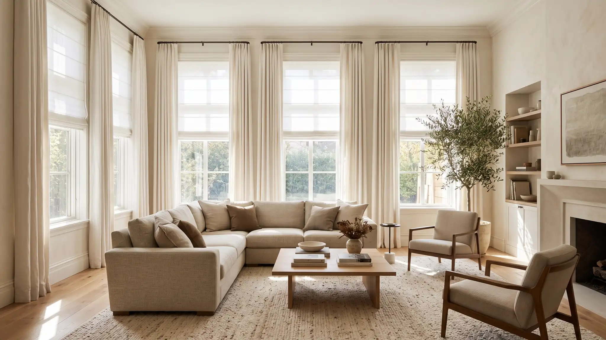 A bright living room with tall windows dressed in white Roman shades and floor-length linen drapes hung high on dark rods, a sofa, a rug and warm daylight