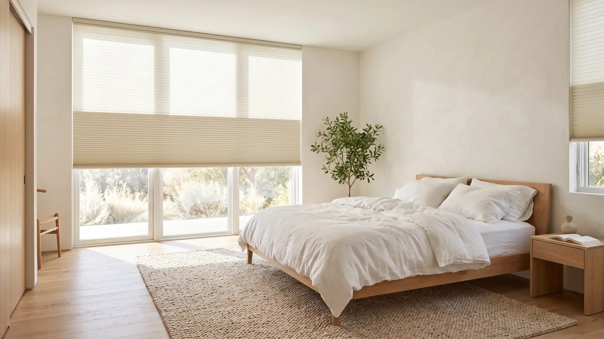 A calm bedroom with large windows covered by cream cellular shades lowered halfway, soft light across white bedding and a woven rug