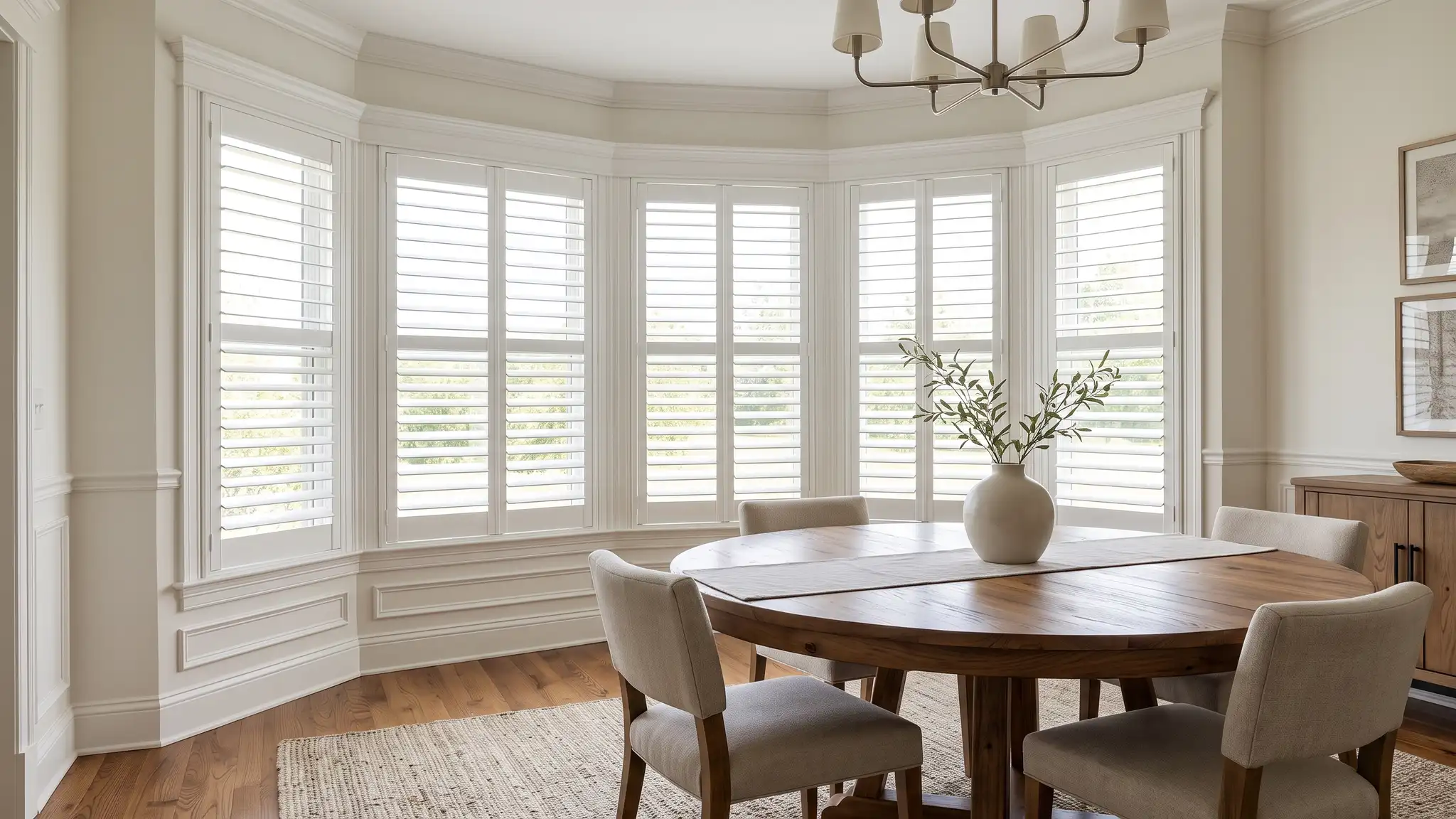 A bay window with white plantation shutters and wide louvers tilted open in a dining room with a round wooden table and a vase
