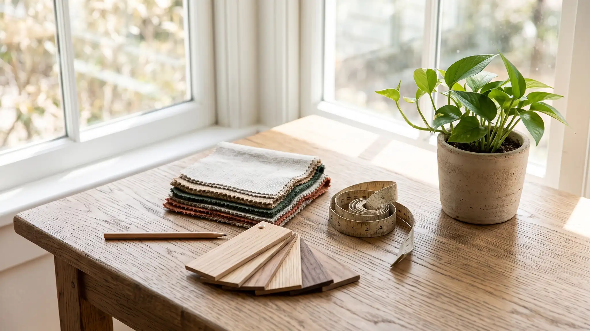 A tidy table with fabric swatches, a tape measure, a pencil, wooden slat samples and a small potted plant beside a window in