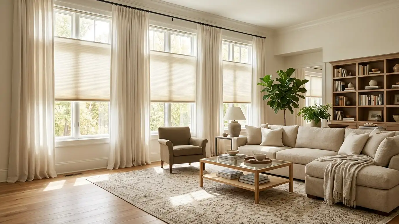 A finished, welcoming living room with tall windows dressed in cream cellular shades and light curtain panels, a comfortable sofa and a wood floor, sunlight on the rug