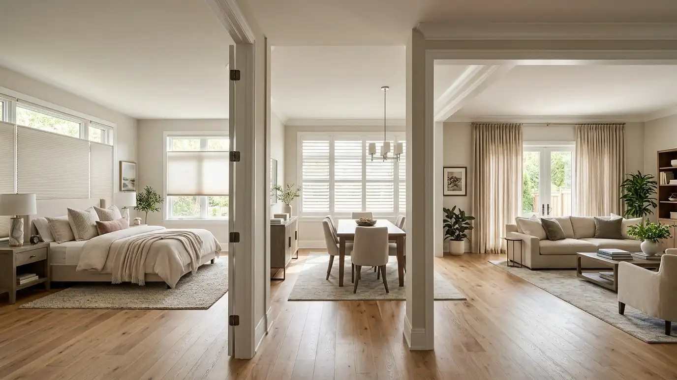 Window treatment gallery | Music City Window Treatments Three finished rooms side by side in one wide image: a bedroom with cellular shades, a dining room with plantation shutters and a living room with drapes, photorealistic