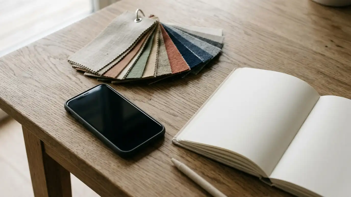 A phone lying on a table beside a fan deck of fabric samples and a notebook with no writing, screen dark, soft light
