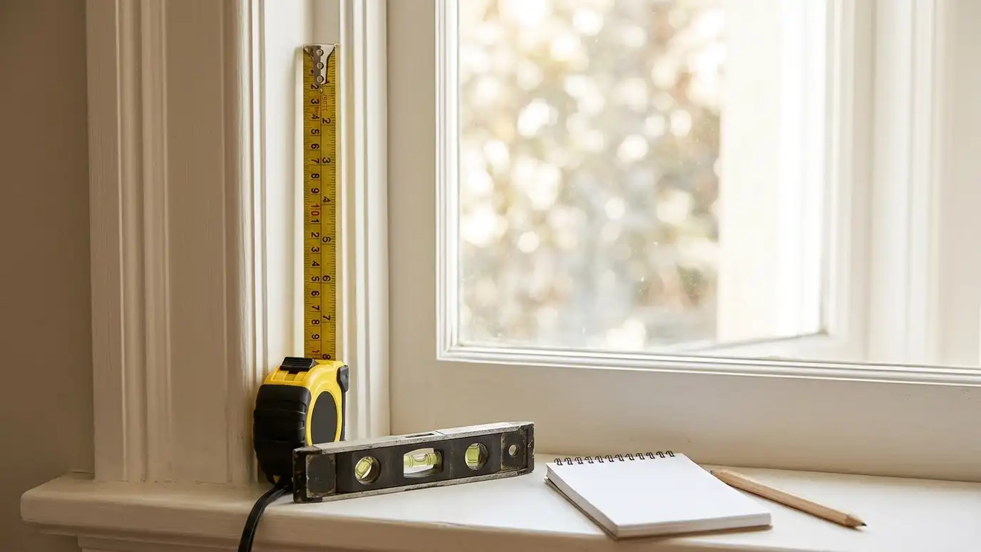 A tape measure held against a window frame with a small level resting on the sill and a notepad with no writing
