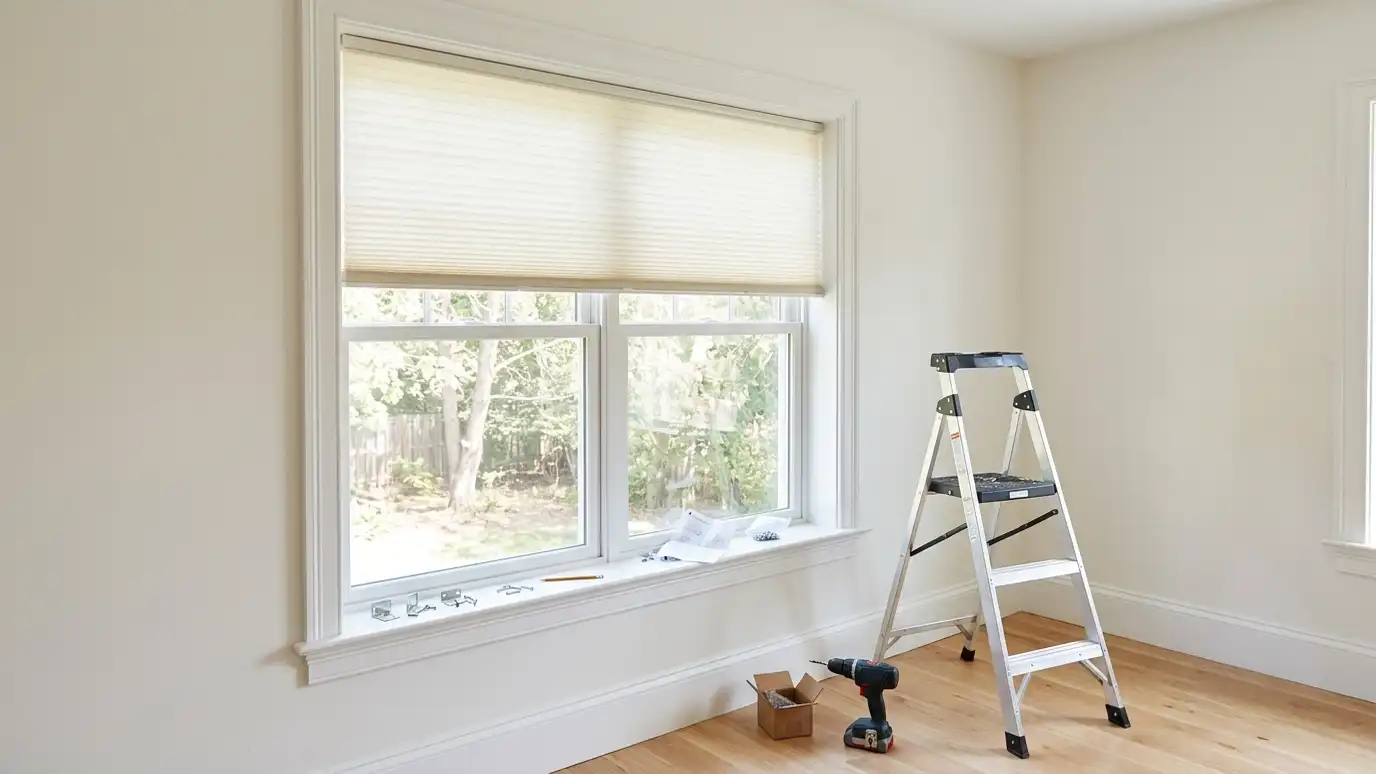 Our window treatment process | Music City Window Treatments A stepladder and a cordless drill beside a window with a freshly installed cream cellular shade, brackets and screws on the sill