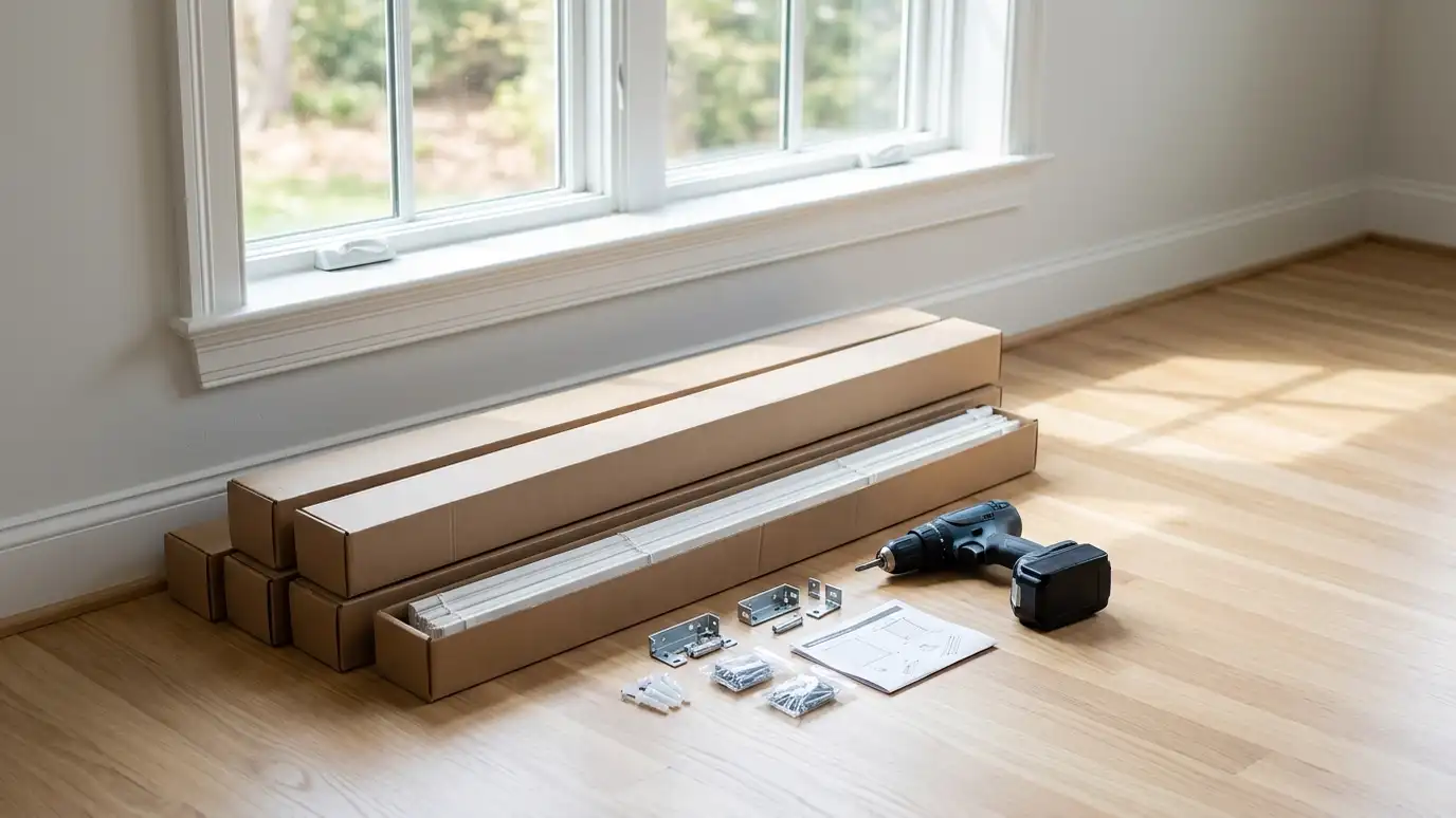 Neatly boxed blinds and shades with brackets, screws and a cordless drill on a clean floor beside a window