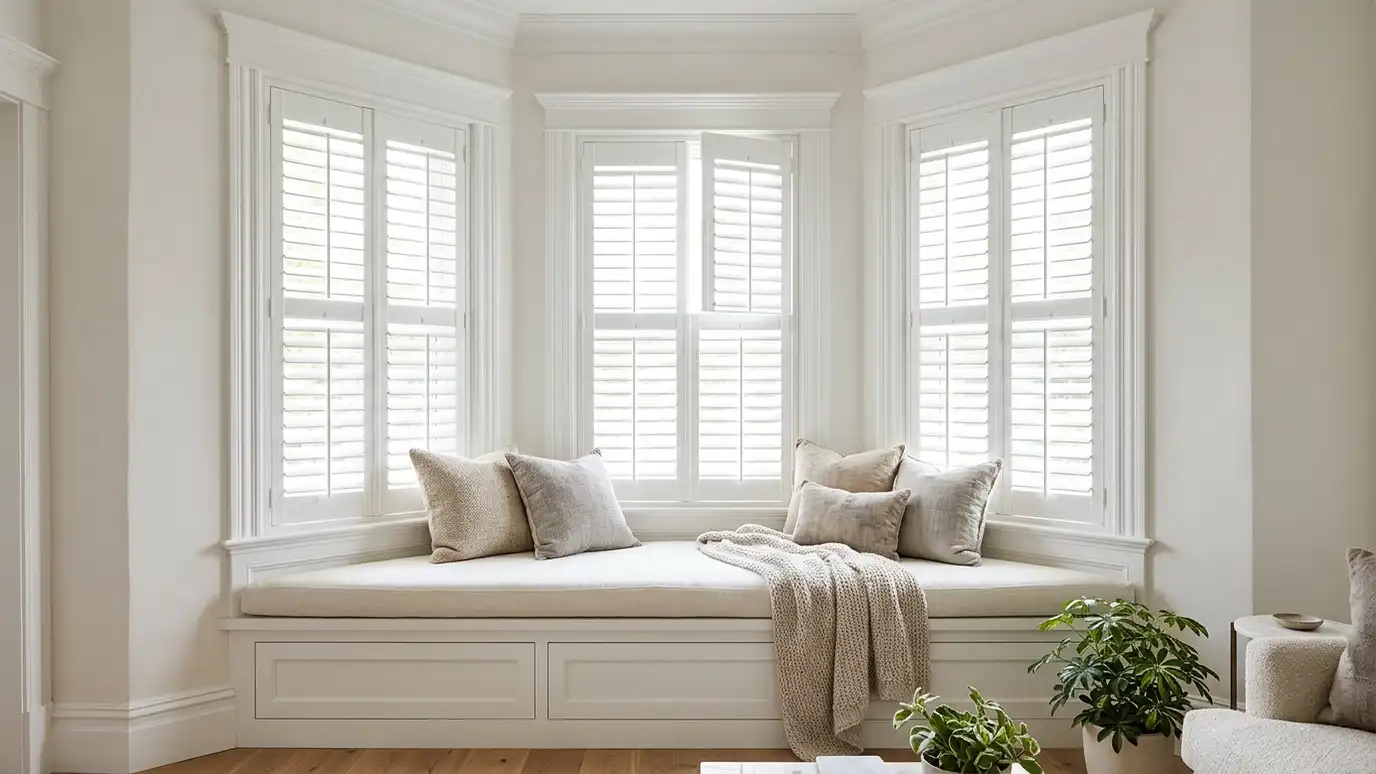 A bay window with three sections of white shutters following the angles, a window seat with cushions below A bay window with three sections of white shutters following the angles, a window seat with cushions below