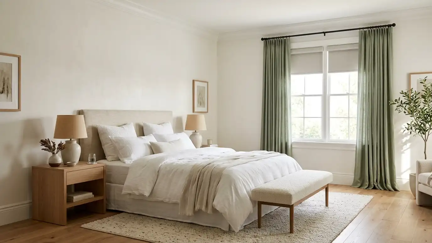 A primary bedroom with layered treatments: blackout shades and sage green drapes on two windows, a bed with white linens, soft morning light A primary bedroom with layered treatments: blackout shades and sage green drapes on two windows, a bed with white linens, soft morning light