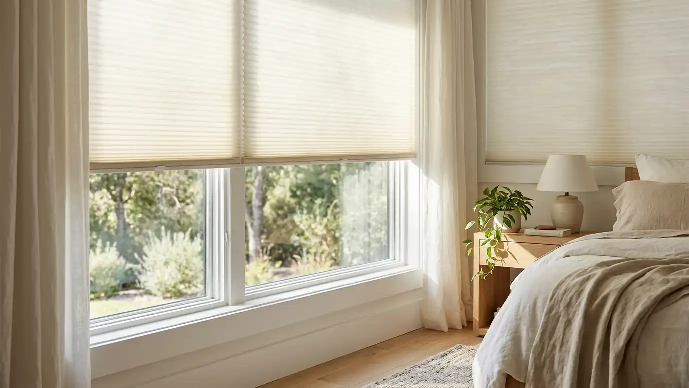 A bedroom window with cream cellular honeycomb shades lowered halfway showing the pleated fabric edge, soft light