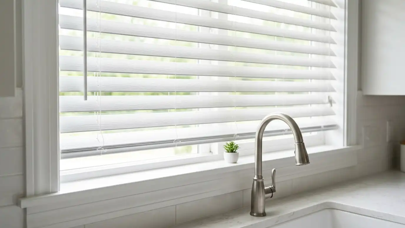 A close, bright view of white faux wood blinds with wide slats at a kitchen window above a sink with a faucet, steam-free and clean