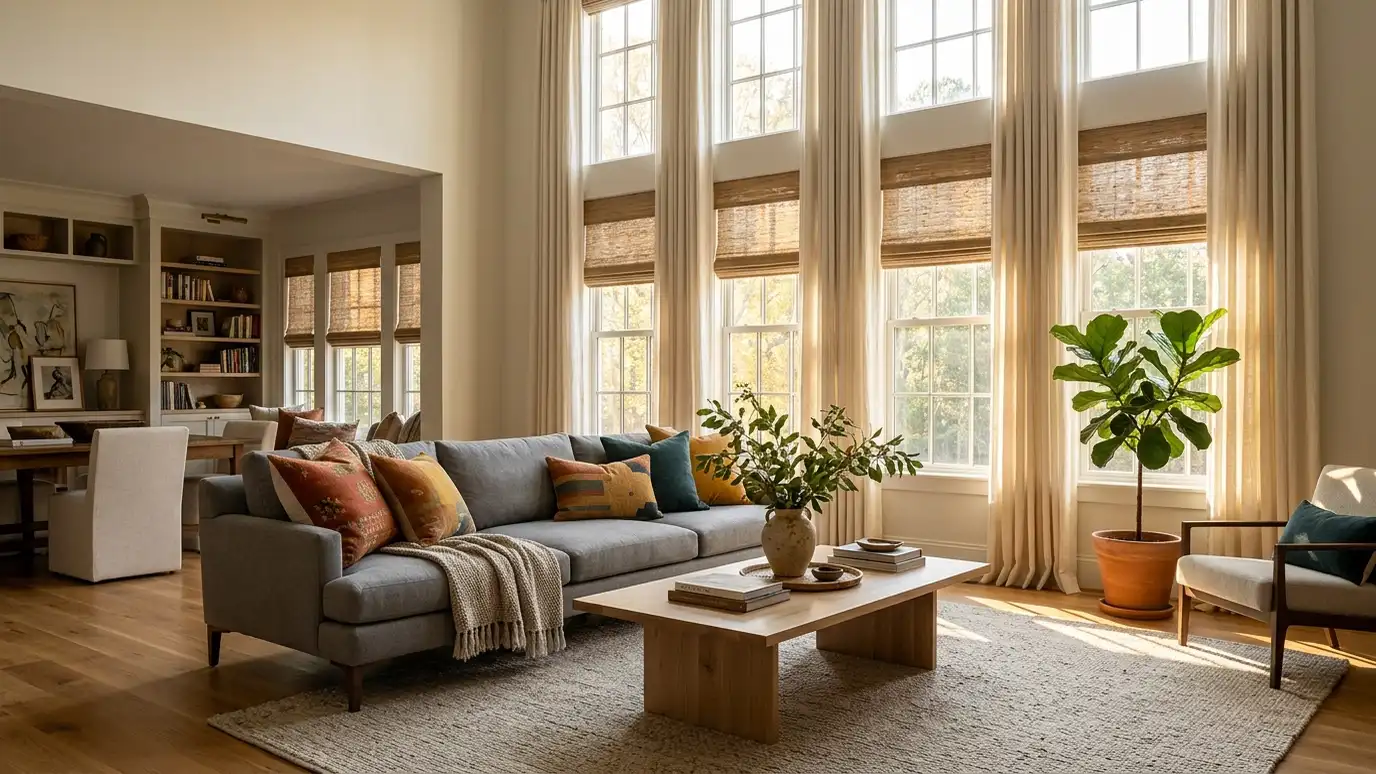 A living room with tall windows framed by linen drapes over woven shades and a gray sofa with colorful pillows, warm light A living room with tall windows framed by linen drapes over woven shades and a gray sofa with colorful pillows, warm light