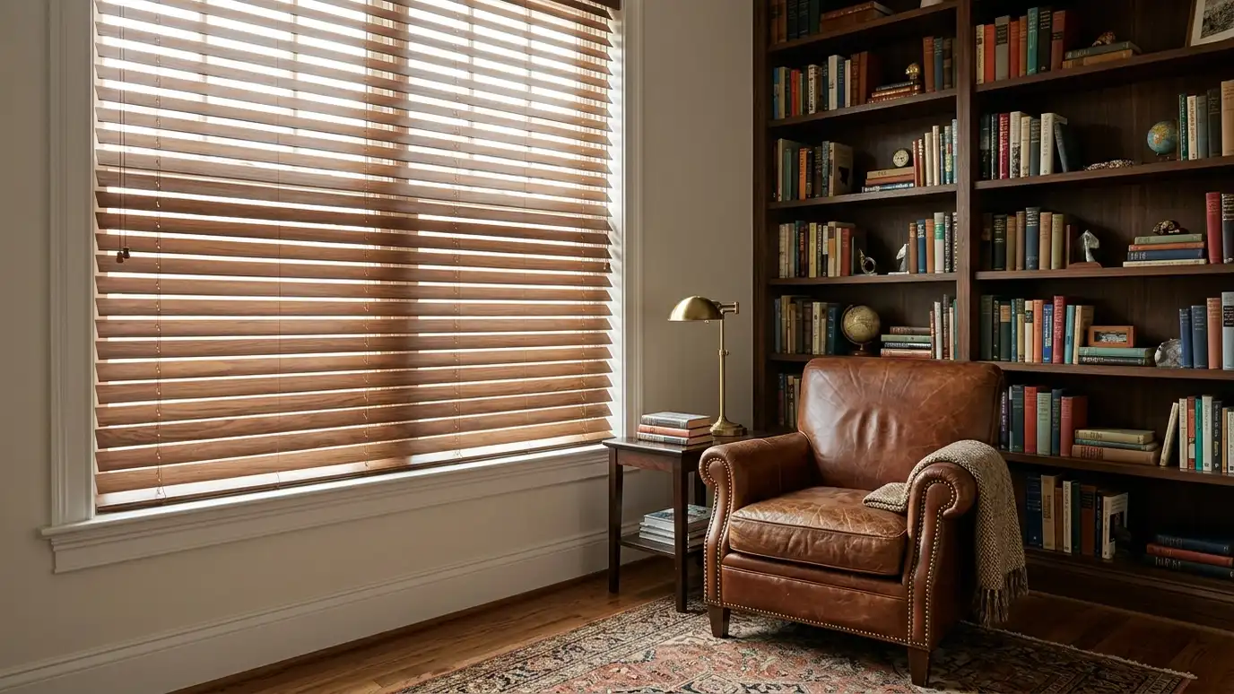 A study window covered by real wood blinds in a warm walnut stain with visible grain, beside a leather chair and bookshelves A study window covered by real wood blinds in a warm walnut stain with visible grain, beside a leather chair and bookshelves