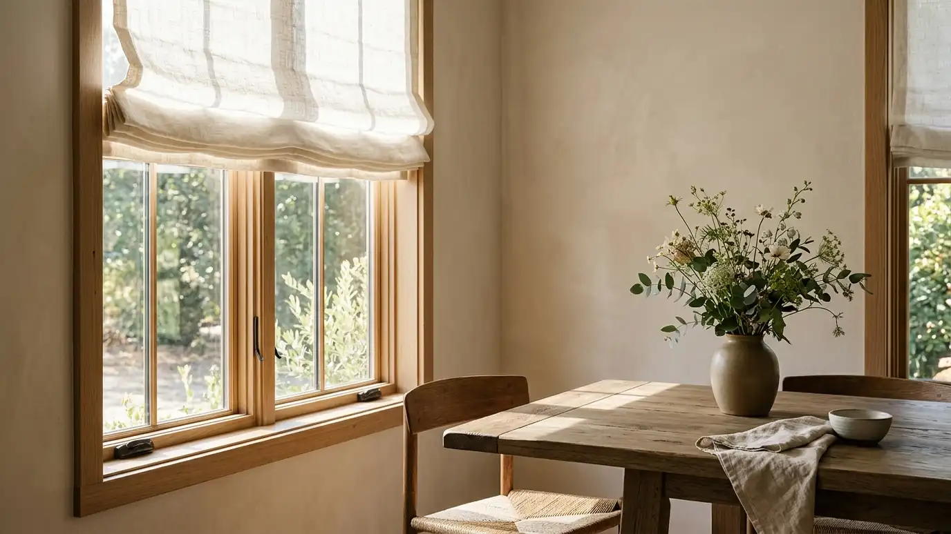 A dining room window with a linen Roman shade raised in soft folds, beside a table with a vase of flowers, warm light A dining room window with a linen Roman shade raised in soft folds, beside a table with a vase of flowers, warm light