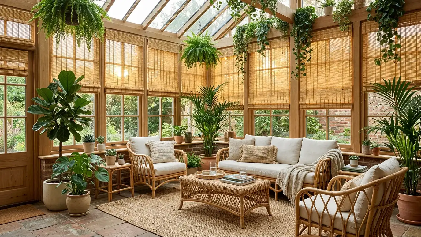 A sunroom with natural bamboo woven shades glowing with warm light, wicker furniture and plants A sunroom with natural bamboo woven shades glowing with warm light, wicker furniture and plants
